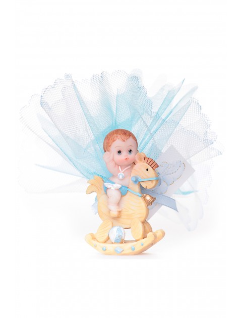 Baby jongen op houten hobbelpaard geboortebedankje doopbedankje